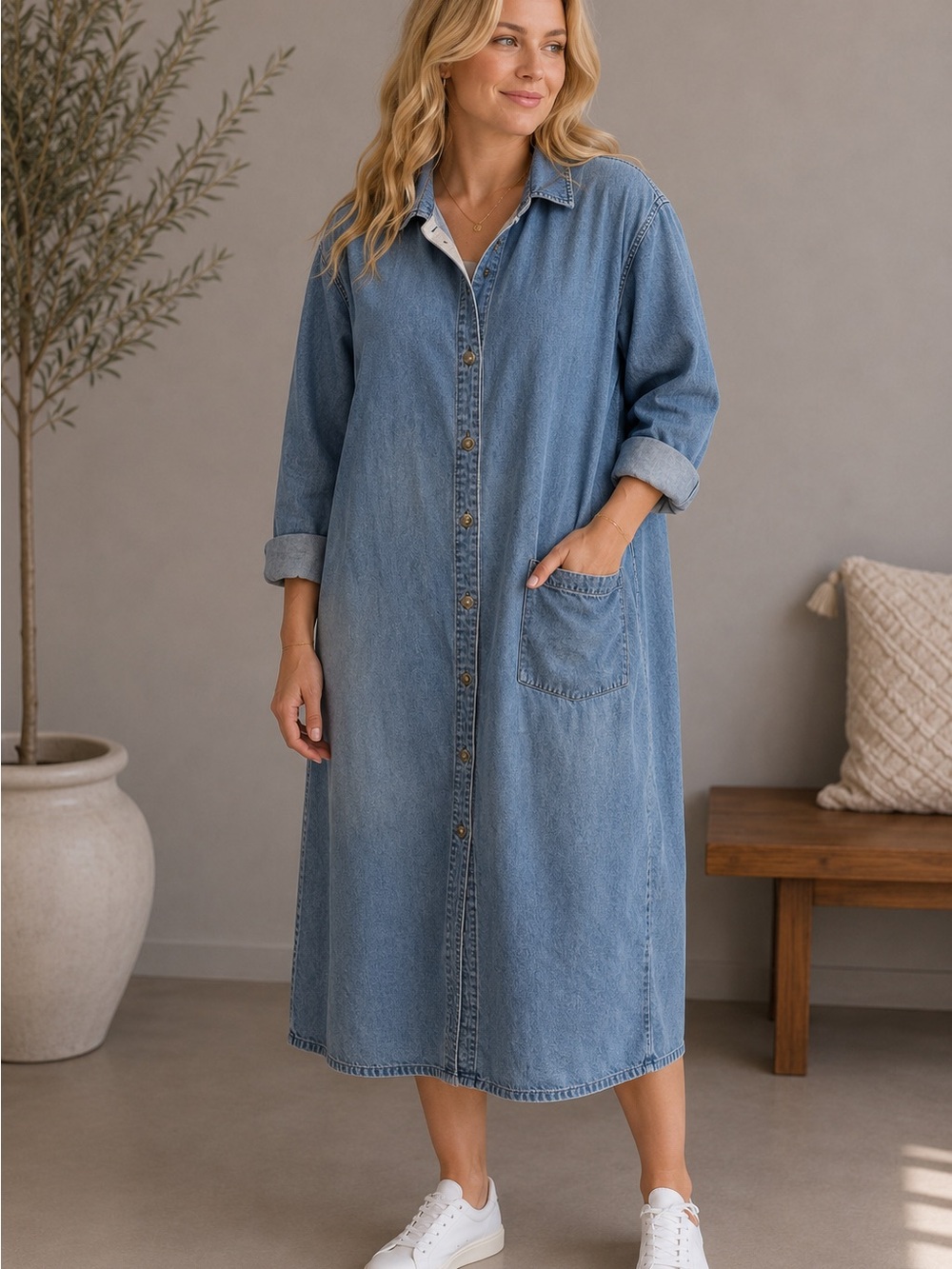 Blue Denim Button-Front Midi Shirt Dress